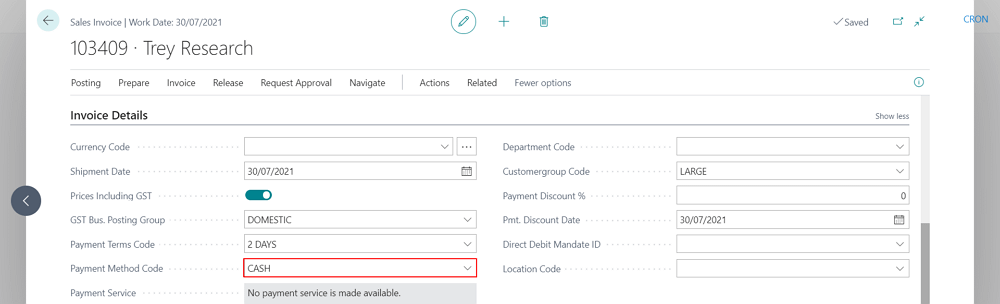 Entering Payment Method Code In Sales Invoice