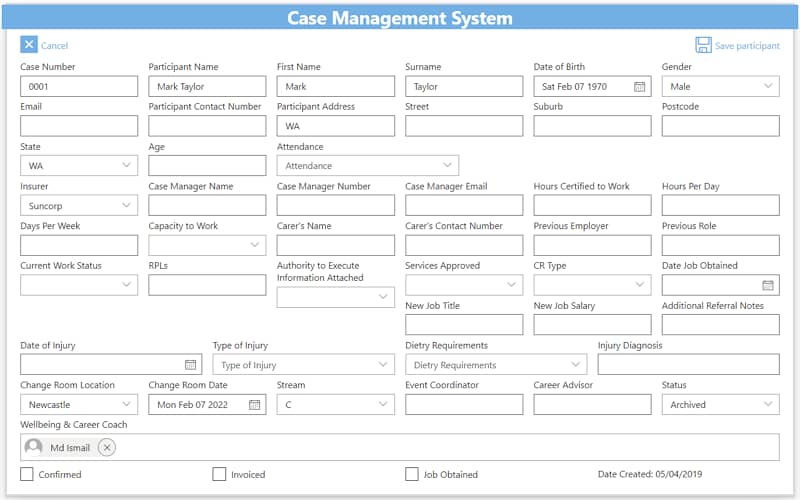 Case Management System Participant Details