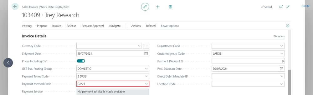 Entering Payment Method Code In Sales Invoice